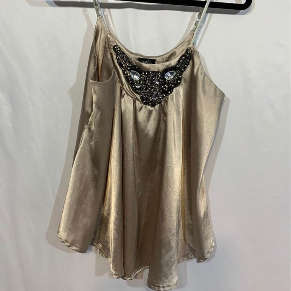 Satin swing top with embellishments. Champagne in colour. Adjustable straps. Siz